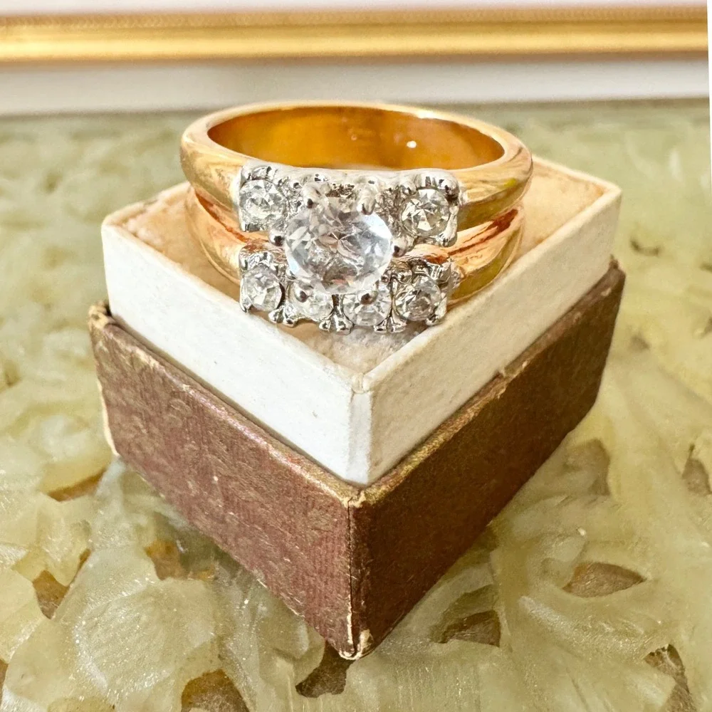 Vintage Cubic Zirconia Engagement Wedding Ring Double Band 18kt Gold Plated Sz 9